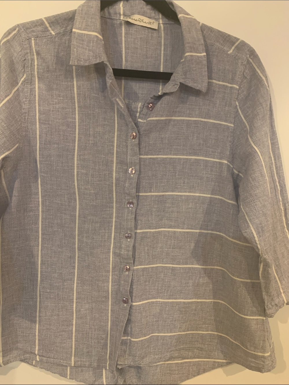 Cotton Sky Blue Striped Linen-Blend Button Down Shirt large coastal top